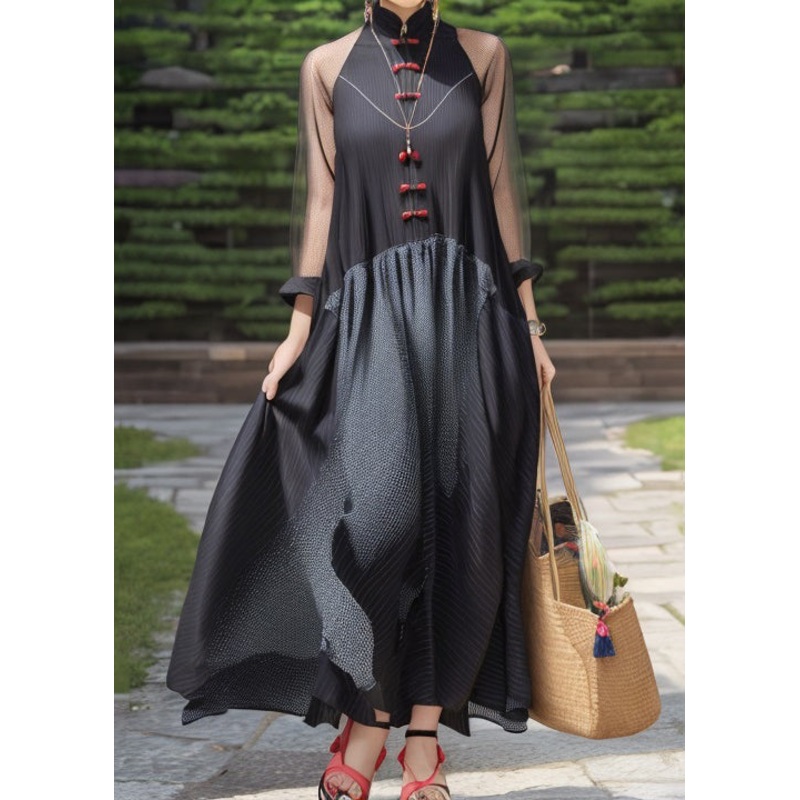 French Black Button Patchwork Silk Maxi Dresses Fall