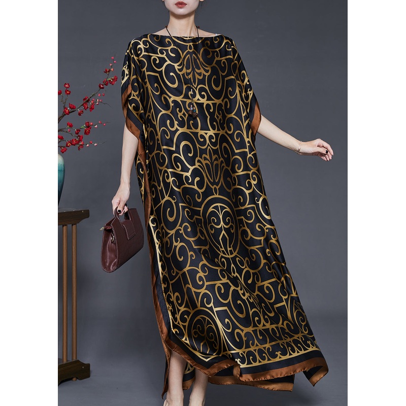 French Black Oversized Print Silk Beach Dress Summer