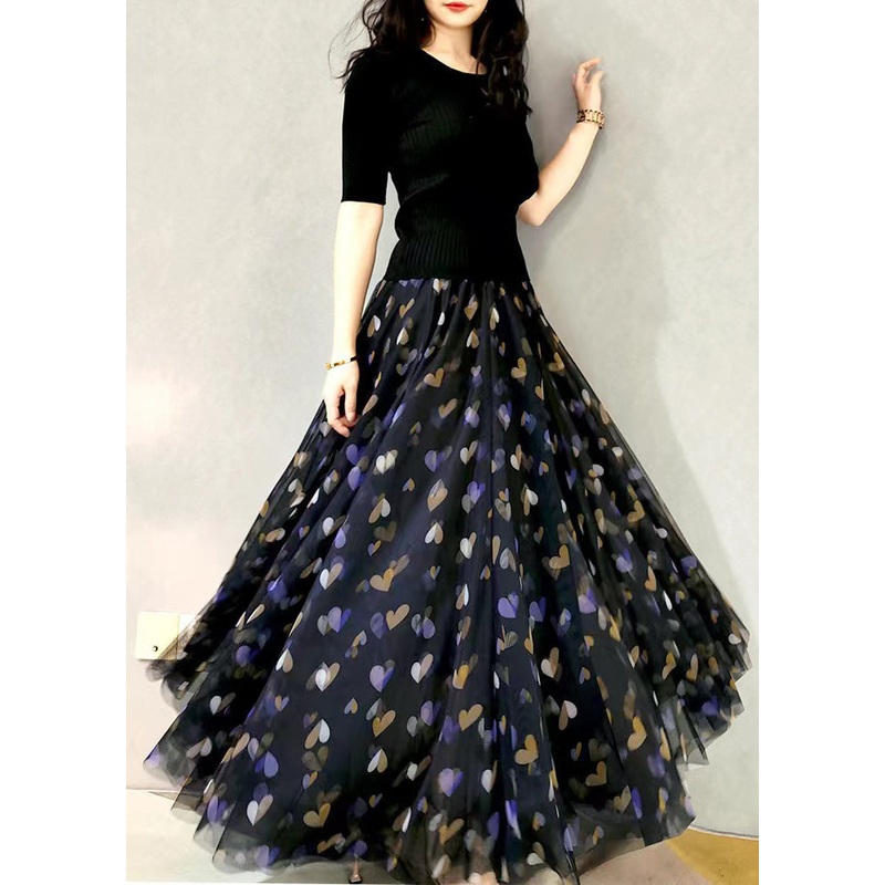 French Black Print Elastic Waist Exra Large Hem Tulle Skirt Spring