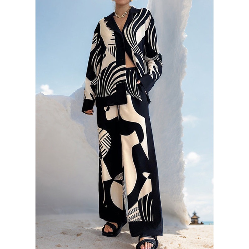 French Black Print Tops And Pants Two Pieces Summer