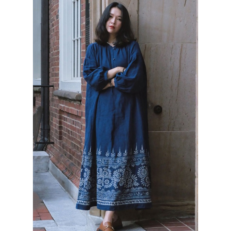 French Blue Button Print Maxi Dresses Long Sleeve