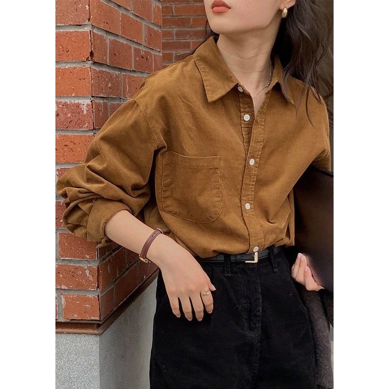 French Caramel Button Pockets Patchwork Cotton Blouse Fall