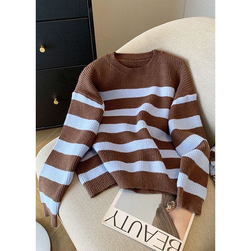 French Coffee O Neck Striped Knit Short Sweater Fall