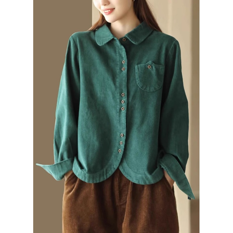 French Green Button Pockets Corduroy Blouses Long Sleeve