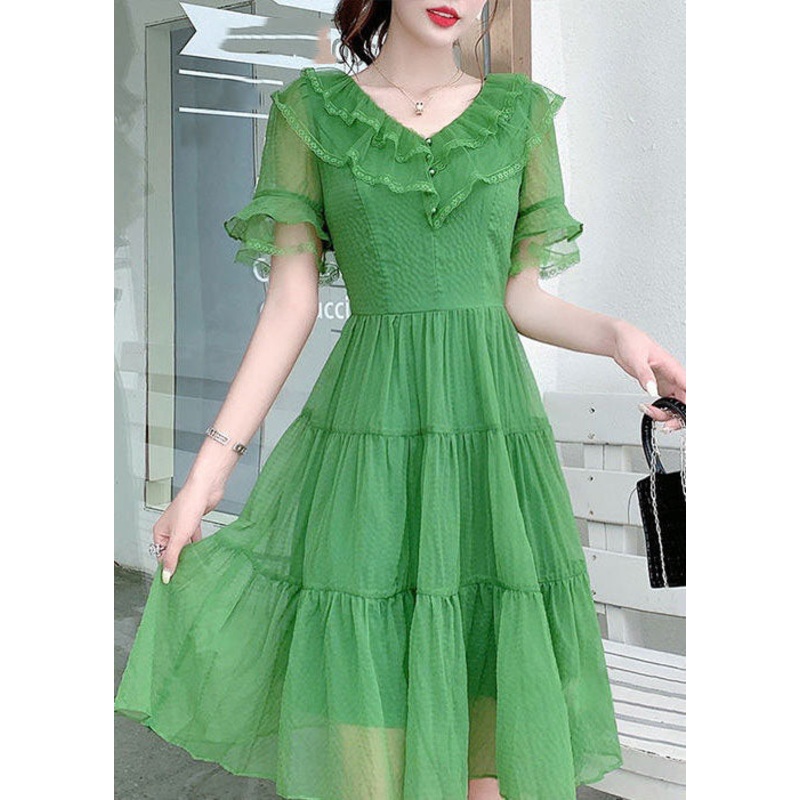 French Light Green V Neck Ruffled Patchwork Silk Dresses Summer