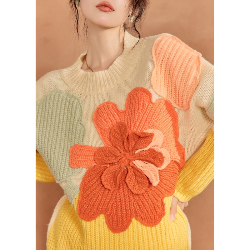 French Multicolor O-Neck Floral Knit Sweaters Winter