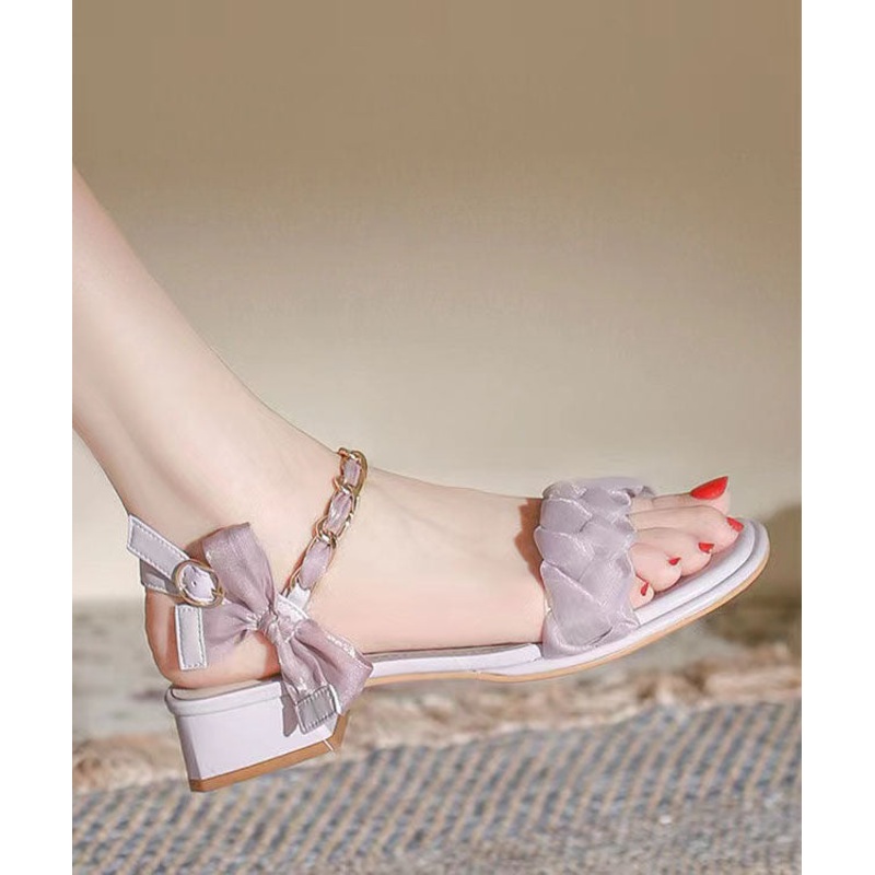 French Purple Bow Buckle Strap Splicing Chunky Sandals