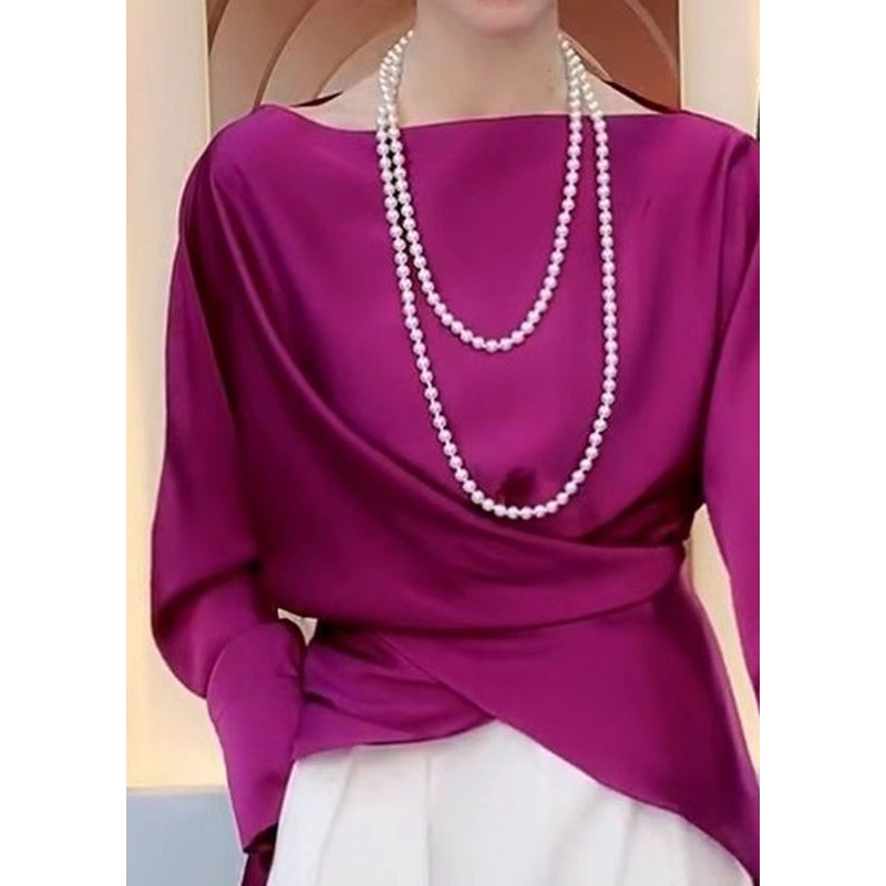 French Rose Slash Neck Asymmetrical Tie Waist Shirt Spring