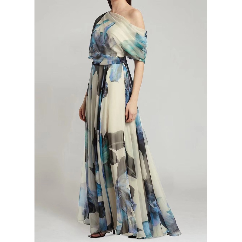 French Sky Blue Asymmetrical Print Chiffon Long Dresses Summer