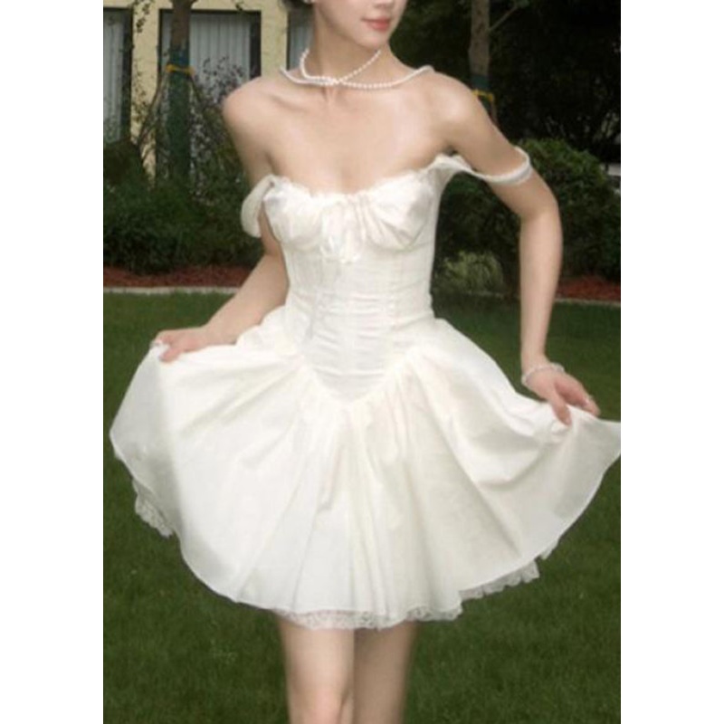 French White Cold Shoulder Solid Mid Dress Summer