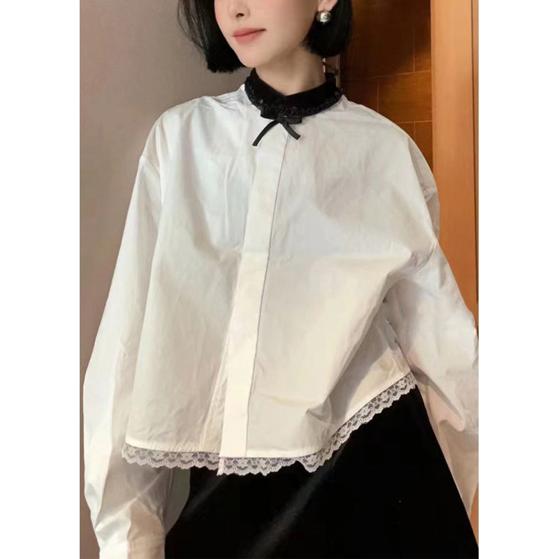French White Solid Lace Patchwork Cotton Blouse Long Sleeve