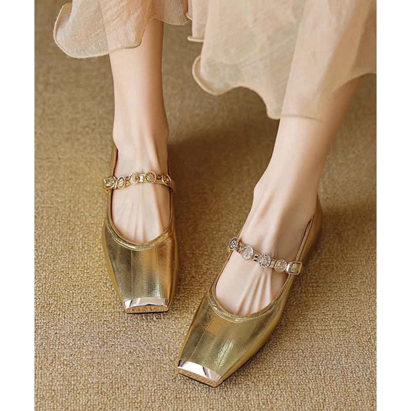 Gold Splicing Stylish Flat Shoes Square Toe Buckle Strap