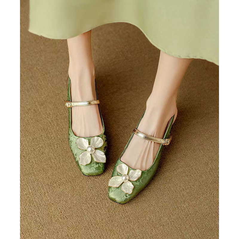 Green Chunky Chinese Style Floral Buckle Strap Splicing Sandals