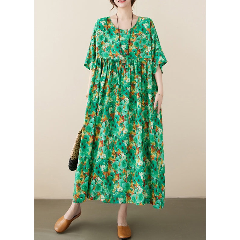 Green Patchwork Pockets Vacation Long Dresses Short Sleeve