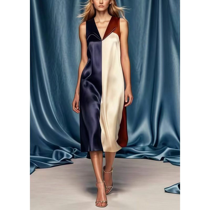 Handmade Colorblock Asymmetrical Patchwork Silk Long Dress Summer