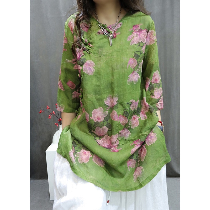 Handmade Green O-Neck Print Button Top Summer