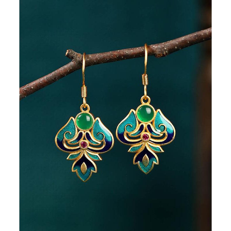 Handmade Green Sterling Sliver Agate Enamel Chalcedony Drop Earrings