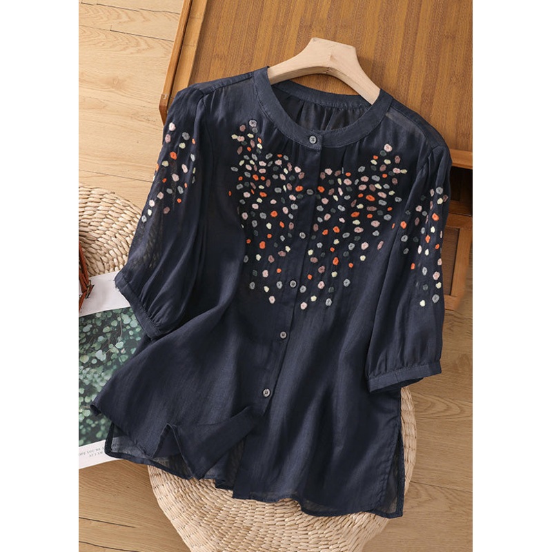 Handmade Navy Embroideried Button Linen Shirt Spring