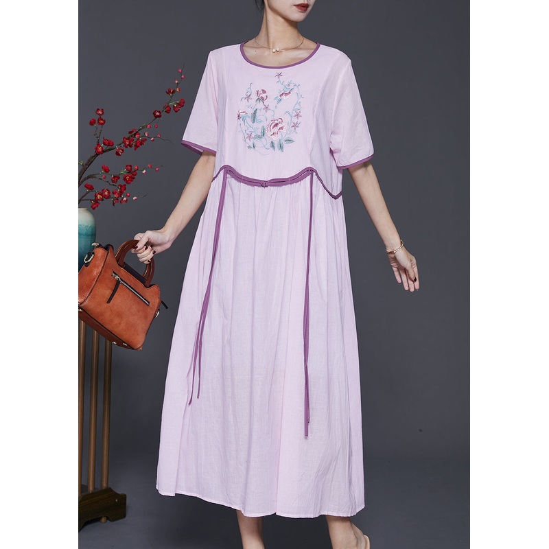 Handmade Purple Embroidered Patchwork Linen Long Dresses Summer
