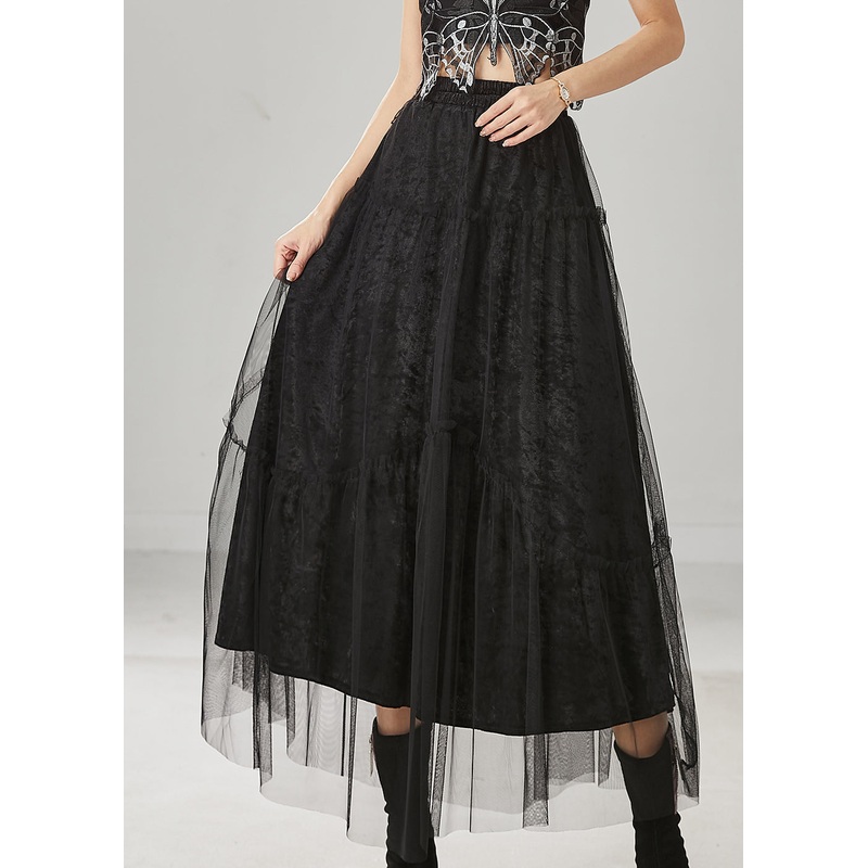 Italian Black Elastic Waist Tulle A Line Skirt Spring