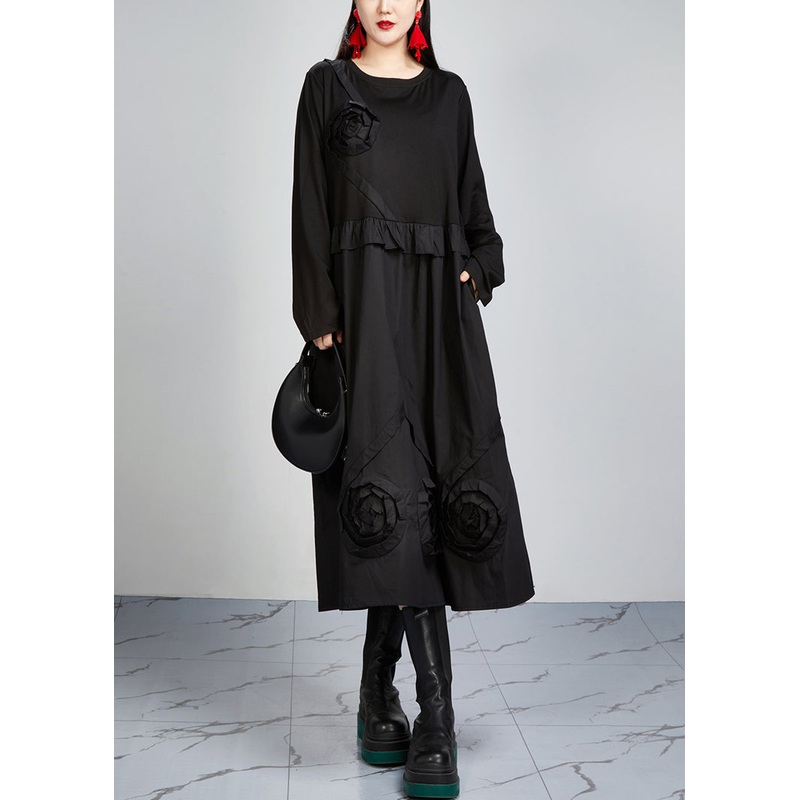 Italian Black O Neck Pockets Patchwork Cotton Dress Long Sleeve