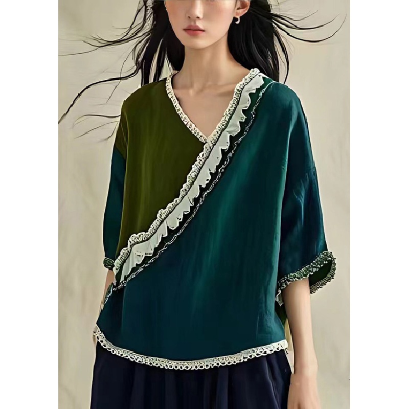 Italian Peacock Green Asymmetrical Patchwork Linen Blouse Top Summer