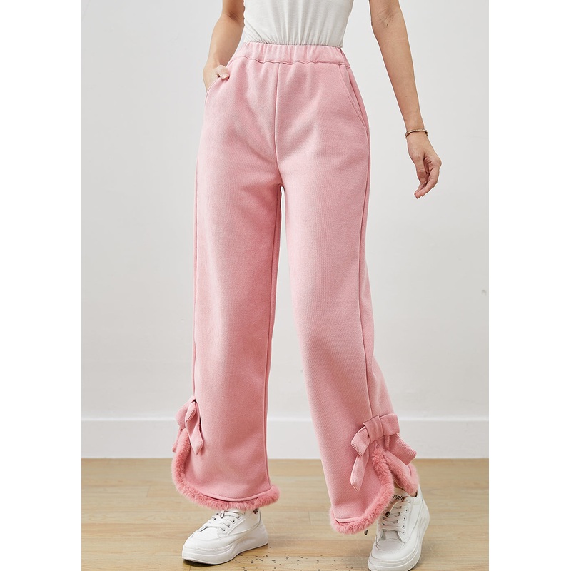 Italian Pink Bow Warm Fleece Straight Pants Winter