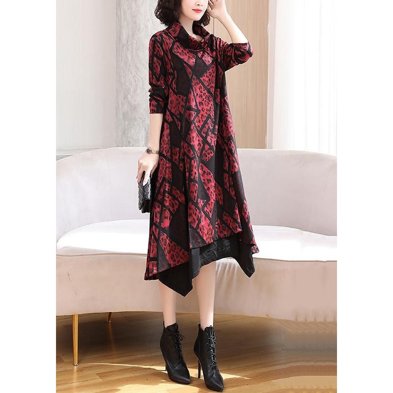 Italian Red Asymmetrical Print Patchwork Cotton Dresses Spring
