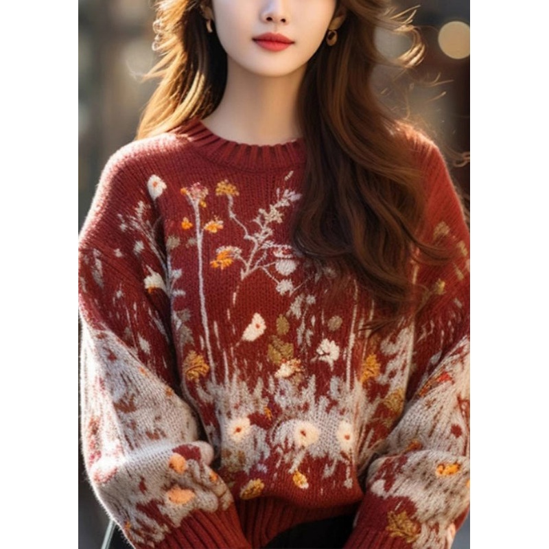 Jacquard Red O-Neck Cozy Loose Knit Sweater Winter