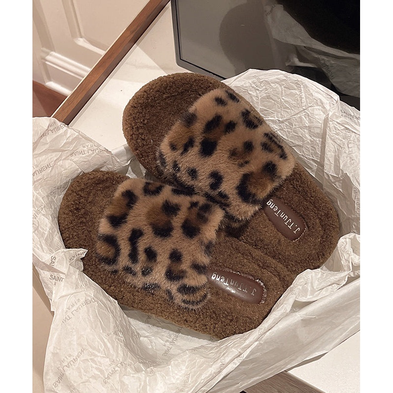 Khaki Leopard Faux Fur Slippers Shoes Splicing Platform