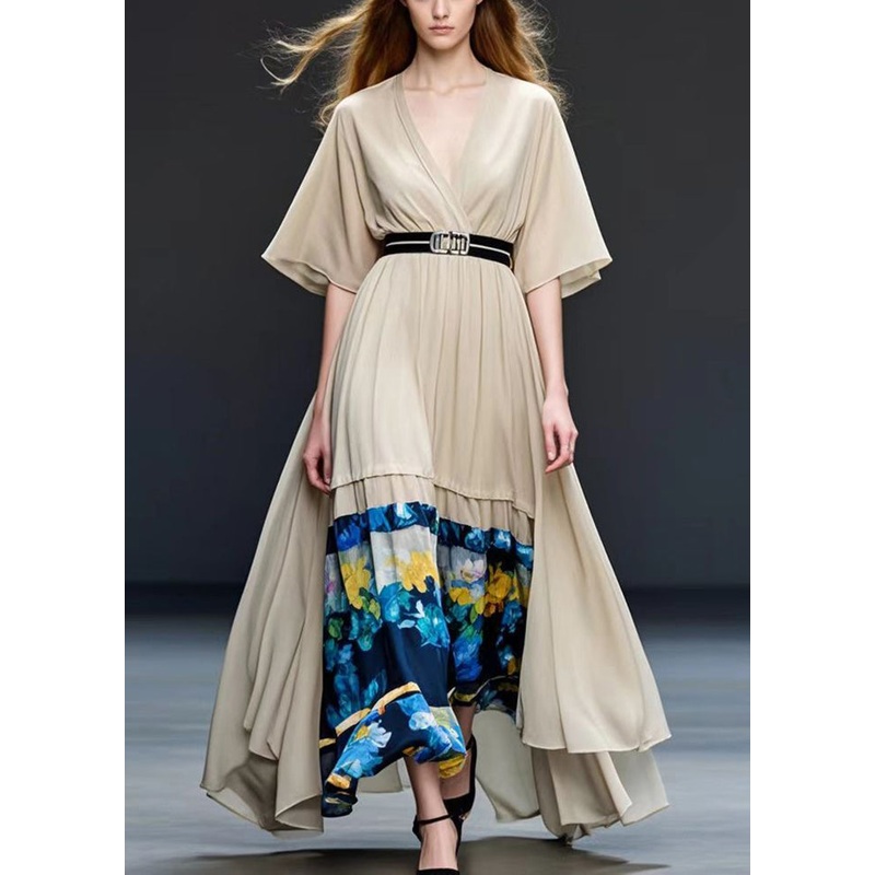 Khaki Patchwork Chiffon Long Dress V Neck Summer