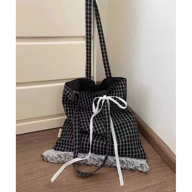 Korean Style Black Lace Patchwork Cotton Shoulder Bag