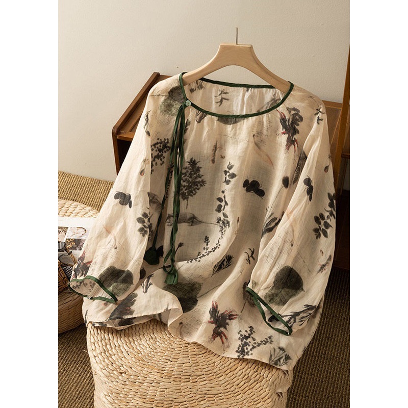 Loose Apricot O Neck Tasseled Print Cotton Top Bracelet Sleeve