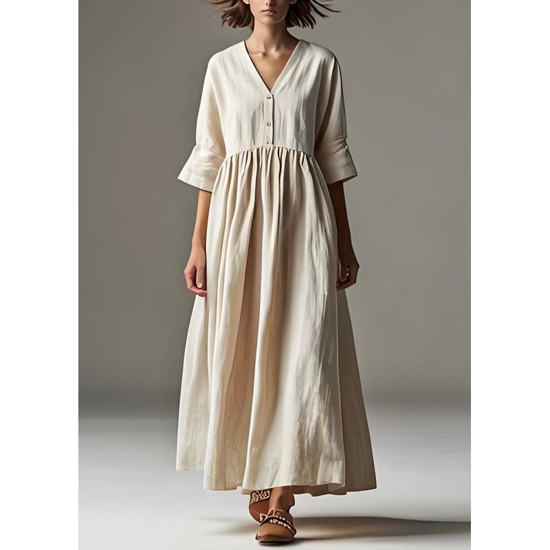 Loose Beige V Neck Wrinkled Patchwork Linen Long Dresses Summer