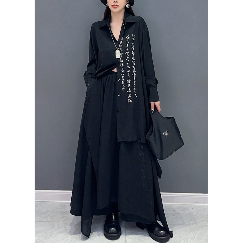 Loose Black Asymmetrical Button Print Cotton Two Pieces Set Spring