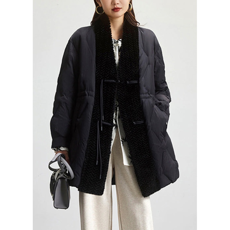 Loose Black Button Pockets Patchwork Duck Down Coats Spring