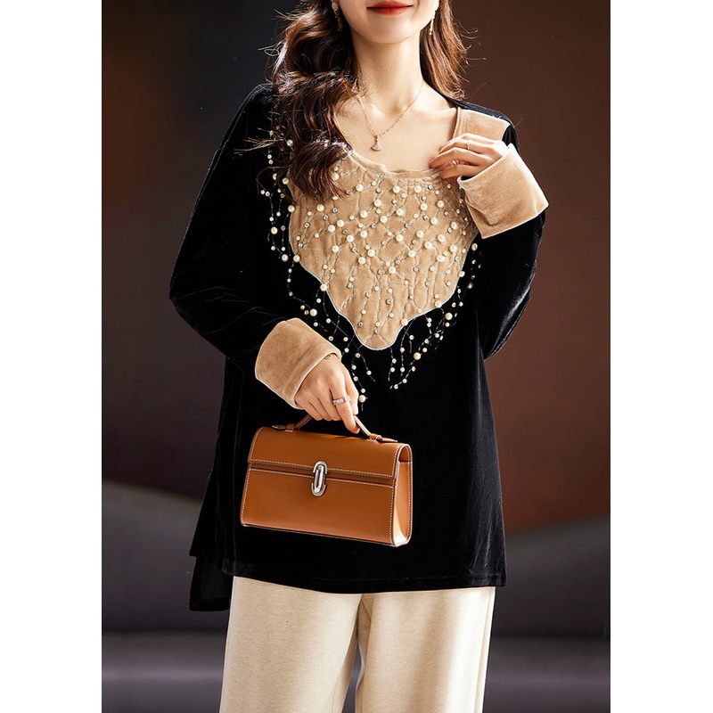 Loose Black Nail Bead Patchwork Silk Velour Top Long Sleeve