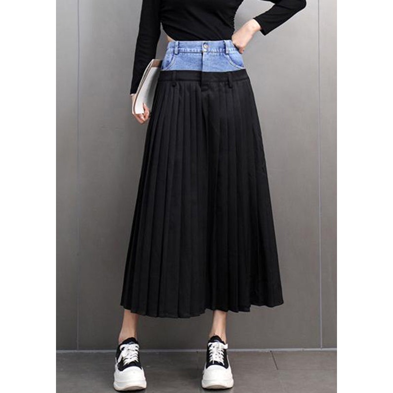 Loose Black Pockets Denim Patchwork High Waist Maxi Skirts Spring