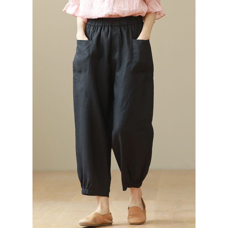 Loose Black Pockets High Waist Cotton Crop Pants