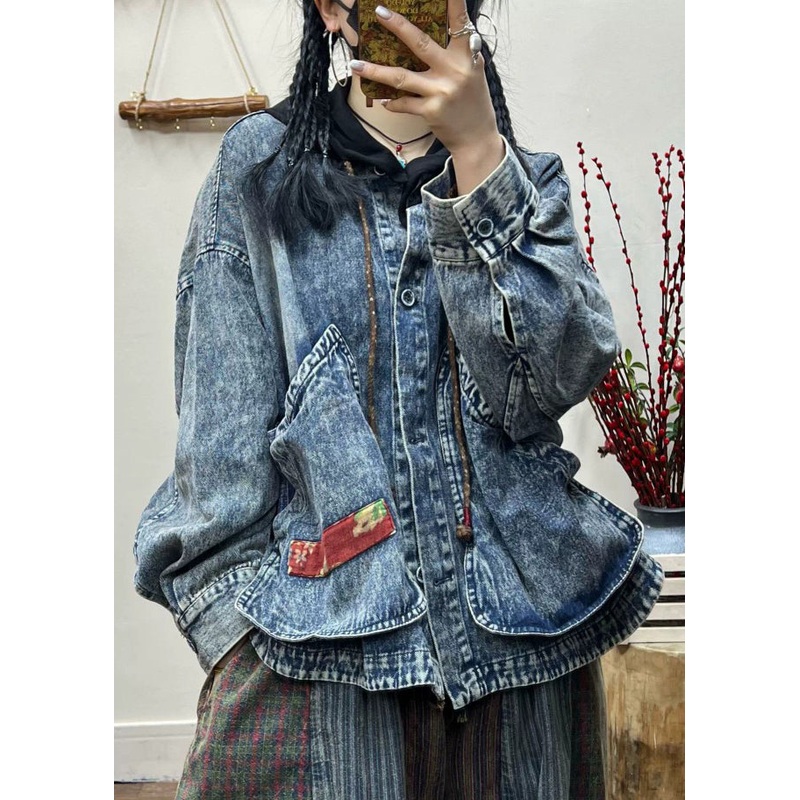 Loose Blue Pockets Patchwork Denim Short Coats Fall