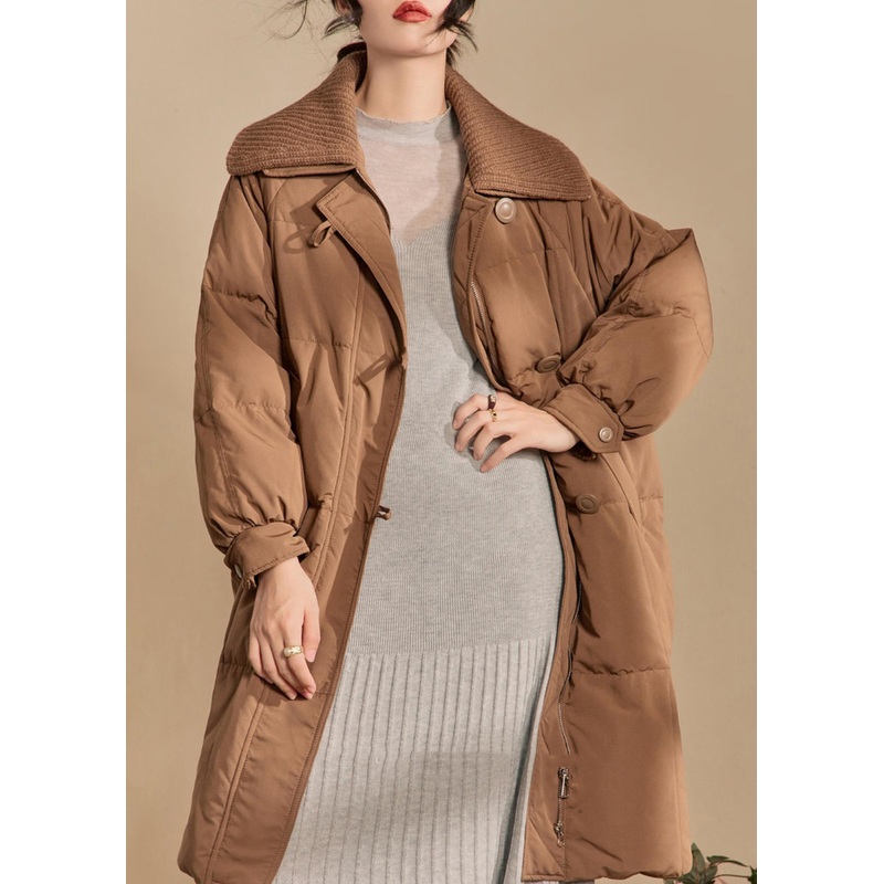 Loose Brown Button Pockets Knit Patchwork Parkas Winter