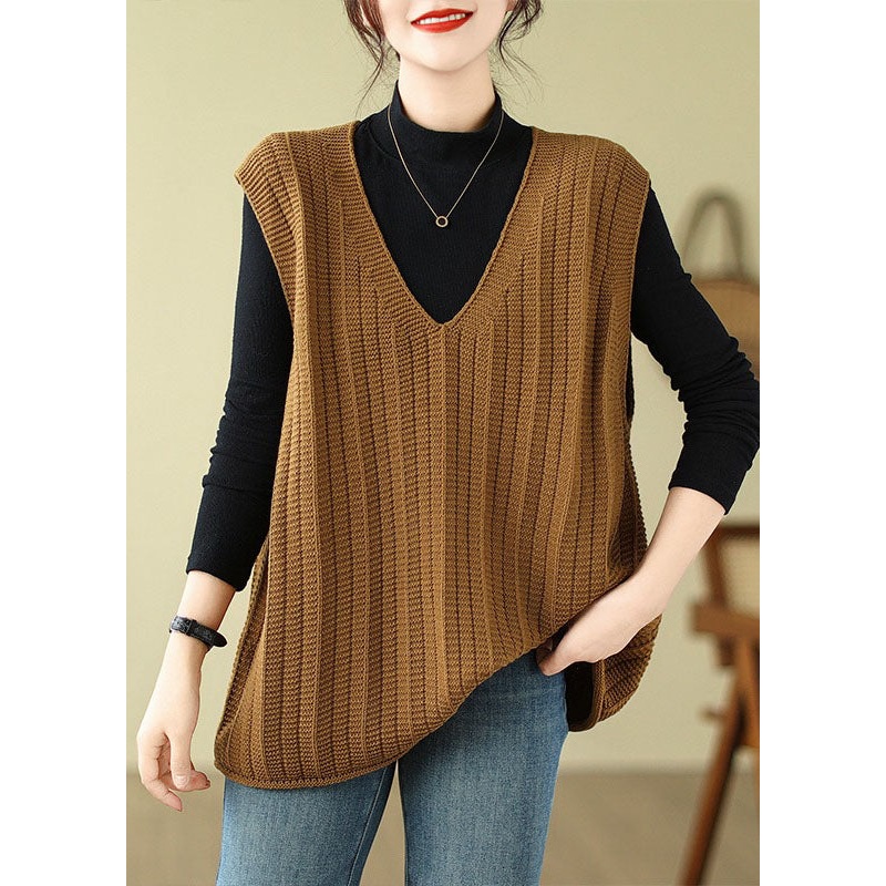 Loose Coffee V Neck Solid Cozy Knit Waistcoat Fall