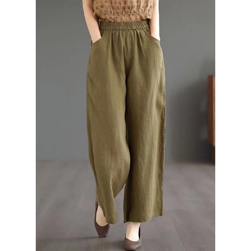 Loose Khaki Pockets Elastic Waist Linen Wide Leg Pants Summer
