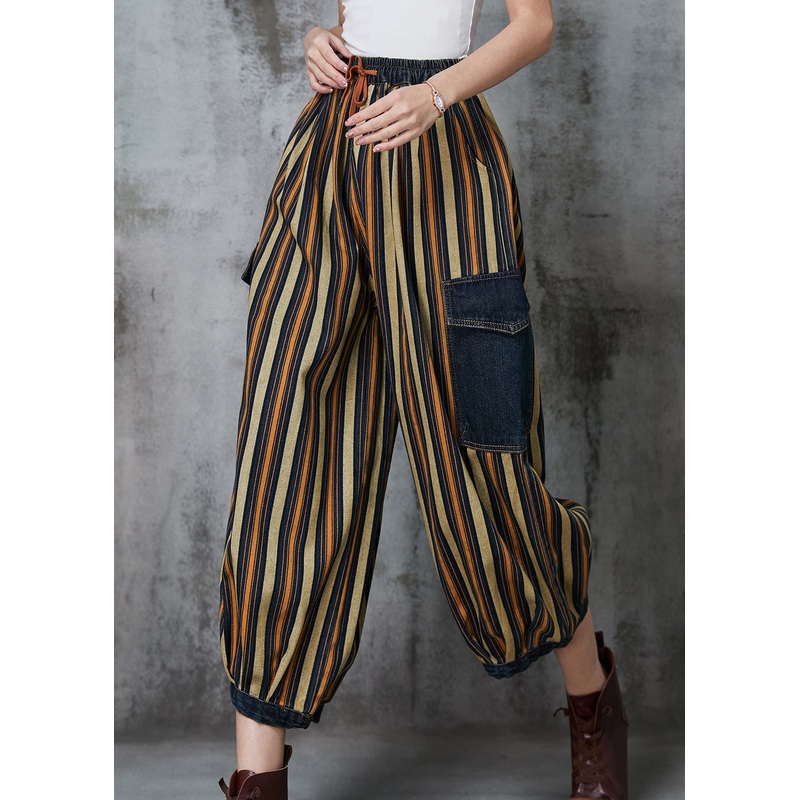 Loose Khaki Striped Patchwork Pockets Denim Pants Spring