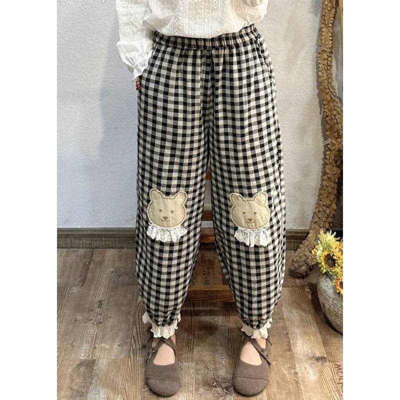 Loose Plaid Pockets Elastic Waist Cotton Crop Pants Spring