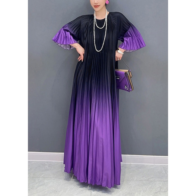 Loose Purple Gradient O Neck Wrinkled Cotton Long Dress Summer