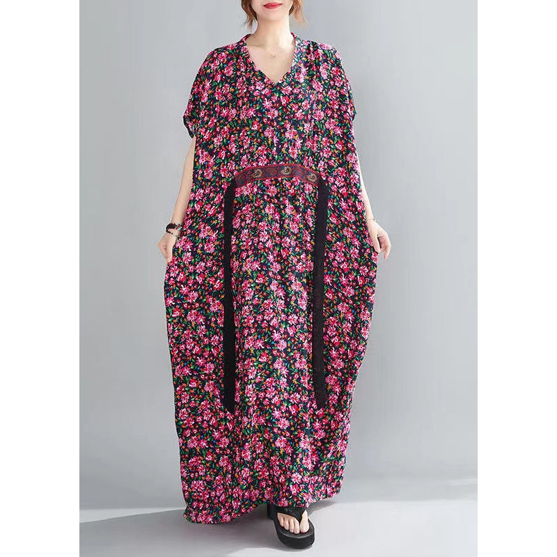 Loose Red V Neck Print Cotton Maxi Dresses Short Sleeve
