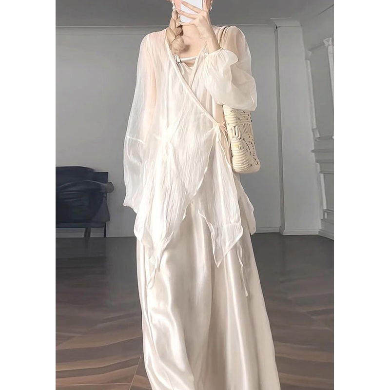 Natural Apricot V Neck Tie Waist Chiffon UPF 50+ Coat Lantern Sleeve