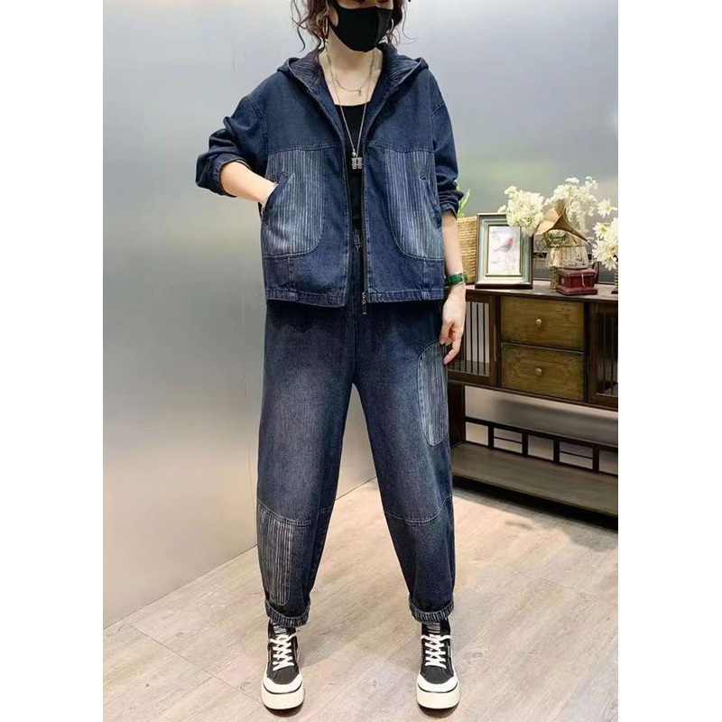 Natural Blue Hooded Patchwork Denim Two Pieces Set Fall