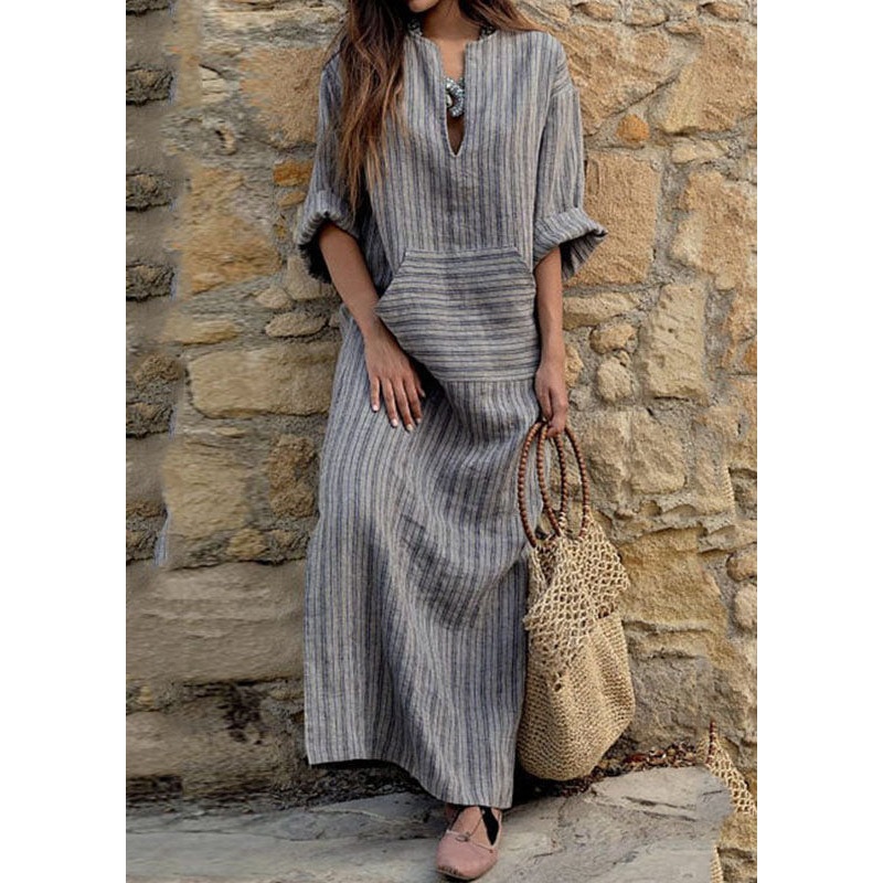 Natural Grey O-Neck Striped Patchwork Long Dresses Spring